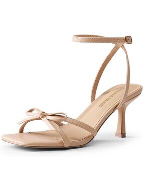 Women's Kitten High Heels Sandals Square Toe Nude Strappy Bow Heel Dress Shoes